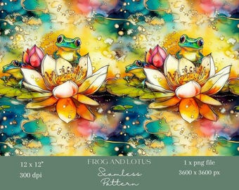 1x Watercolour Frog & Lotus Flower Seamless Pattern Digital Paper Fabric Whimsical Wallpaper Digital Background Repeating Pattern