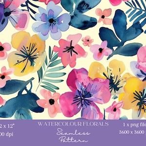Puede incluir: Patrón floral acuarela sin costuras con flores rosas, moradas, amarillas y azules, y hojas sobre un fondo crema. El texto de la imagen dice "WATERCOLOUR FLORALS" y "Seamless Pattern". El tamaño es de 12 x 12 pulgadas (30,48 x 30,48 cm).