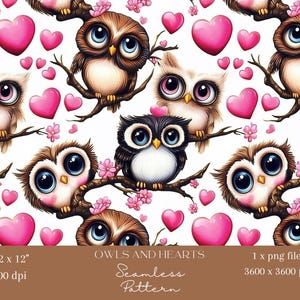 1x Hibou mignon motif numérique sans couture Hiboux marron avec coeurs roses sur fond blanc pour papier peint enfant, tissu, sublimation de papier d'emballage