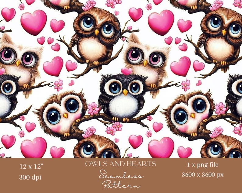 1x Seamless Cute Owl Digital Pattern Brown Owls With Pink Hearts on ...