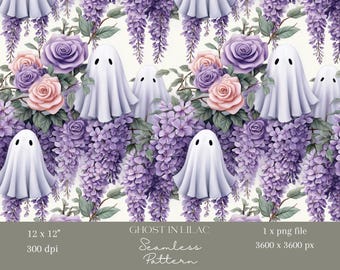 1x Ghost and Floral Seamless Digital Pattern Cute Halloween Roses and Lilacs Design Spooky Wallpaper, Fabric, Scrapbook Paper, Sublimation