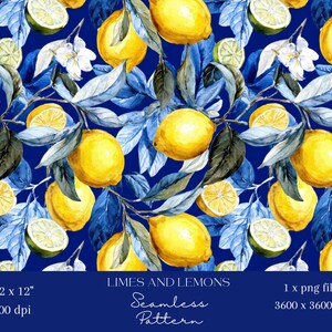 May include: Seamless pattern featuring watercolor lemons, limes, and leaves in shades of yellow, green, and blue. The design includes whole and sliced citrus fruits, white flowers, and foliage against a dark blue background.
