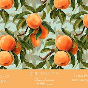 May include: A seamless pattern featuring ripe peaches with green leaves on a light blue background. The pattern is 12 inches by 12 inches and 300 dpi.