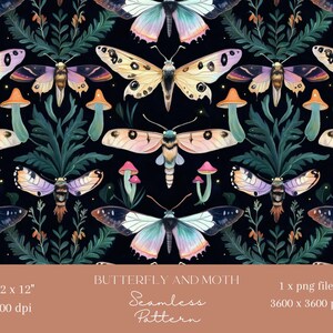 1x Papillons et papillons en papier numérique sans couture, tissu champignon, motif sans couture, papier de scrapbooking, fond numérique, impression par sublimation