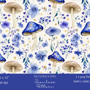 1 x Champignons bleus papier numérique sans couture motif fichier répétitif pour tissu Scrapbooking fond numérique Sublimation champignon motif journal