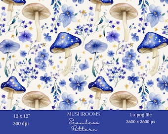 1x Blue Mushrooms Digital Paper Seamless Pattern Repeating File for Fabric Scrapbooking Digital Background Sublimation Fungi Pattern journal
