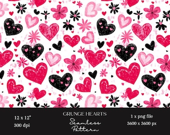 1x Pink and Black Grunge Heart Valentine Seamless Pattern Repeating File Fabric Print Scrapbooking Digital Background Paper Sublimation