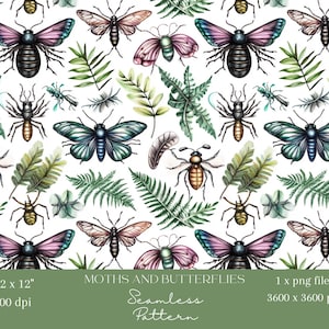 1x Aquarell Insekt Farn Nahtlose Muster Digitales Papier Stoff Botanische Käfer Tapete Scrapbooking Digitaler Hintergrund, sich wiederholendes Muster
