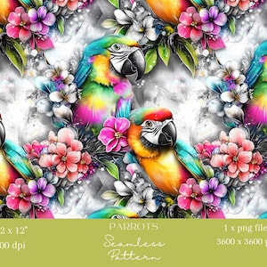 1x Bunte Papagei & Tropische Blumen Nahtlose Muster Digitales Papier Stoff Tapete Digitaler Hintergrund Muster Scrapbooking