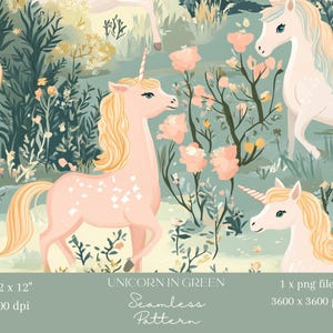 1x Carta digitale senza soluzione di continuità con motivo fantasy rosa e verde a forma di foresta di unicorni pastello per carta da parati per cameretta dei bambini, carta da regalo, stampa a sublimazione su tessuto, artigianato