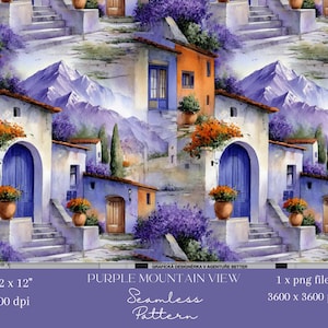May include: Watercolor seamless pattern featuring a European village scene with purple mountains in the background. The image shows white and orange buildings with blue doors, stairs, and potted plants. The text "PURPLE MOUNTAIN VIEW Seamless Pattern" is included.