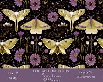 1x Gothic Floral Seamless Pattern Cottagecore Moth Repeat File Dark Cottagecore Fabric Mystical Botanical Wallpaper Butterfly Sublimation