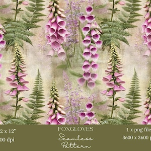 May include: A seamless pattern featuring pink foxglove flowers with green fern leaves on a light brown background. The pattern is 12 inches by 12 inches and 300 dpi. The text "FOXGLOVES Seamless Pattern" is at the bottom of the image.