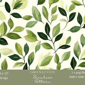 1x Nahtlose grüne Blatt Zweige Digitales Muster Hell Dunkles Laub auf Hellgrün Tapete, Stoff Geschenkpapier Scrapbooking & Sublimation