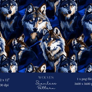 May include: A seamless pattern featuring a repeating design of wolves in shades of blue and brown against a dark blue background. The wolves are depicted in a realistic style with detailed fur and facial features.