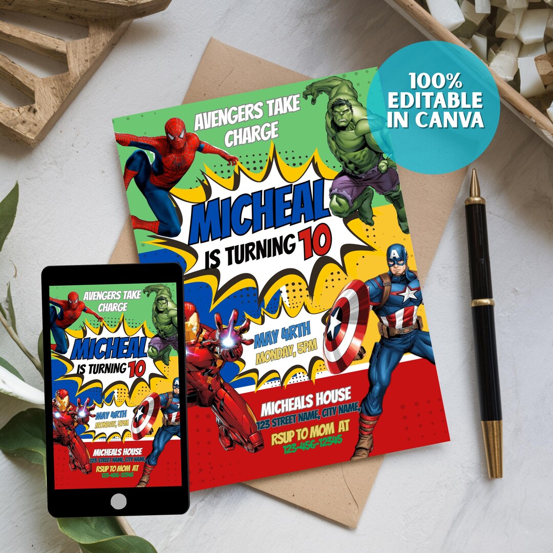 Birthday Invitation: Hero Team Comic-style Party, Editable Canva ...