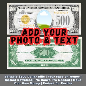 Lustige 500 Dollar Bill Canva Vorlage - Personalisiertes bearbeitbares Geld - Knebelgeschenk, Party Requisite, printable Download