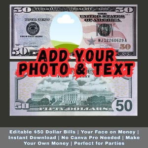 Editable 50 Dollar Bill Template – Custom Face Canva Design – Printable Play Money for Party Favors, Events, Jokes
