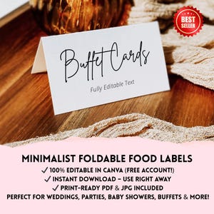 Étiquettes alimentaires pliables minimalistes | Cartes de buffet imprimables | Modèle de toile modifiable | Panneaux pour mariage, baby shower, table de fête | Duvet instantané