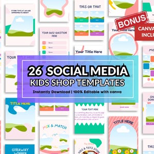 26 Kids Shop Canva Templates | Colorful Social Media Templates | Mom Business | Children Brands | Editable Canva Posts | Canva Guide Bonus