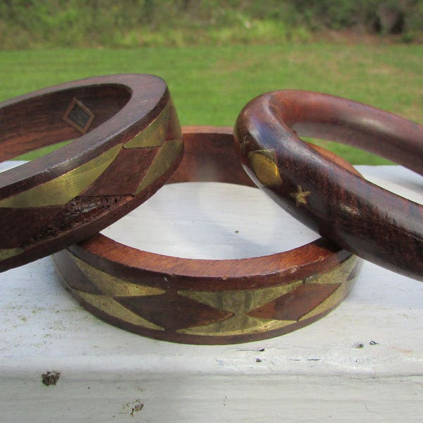 Hipster Vintage Brass and Wood Bangle Bracelets EVA GRAHAM Designer Midcentury Jewelry