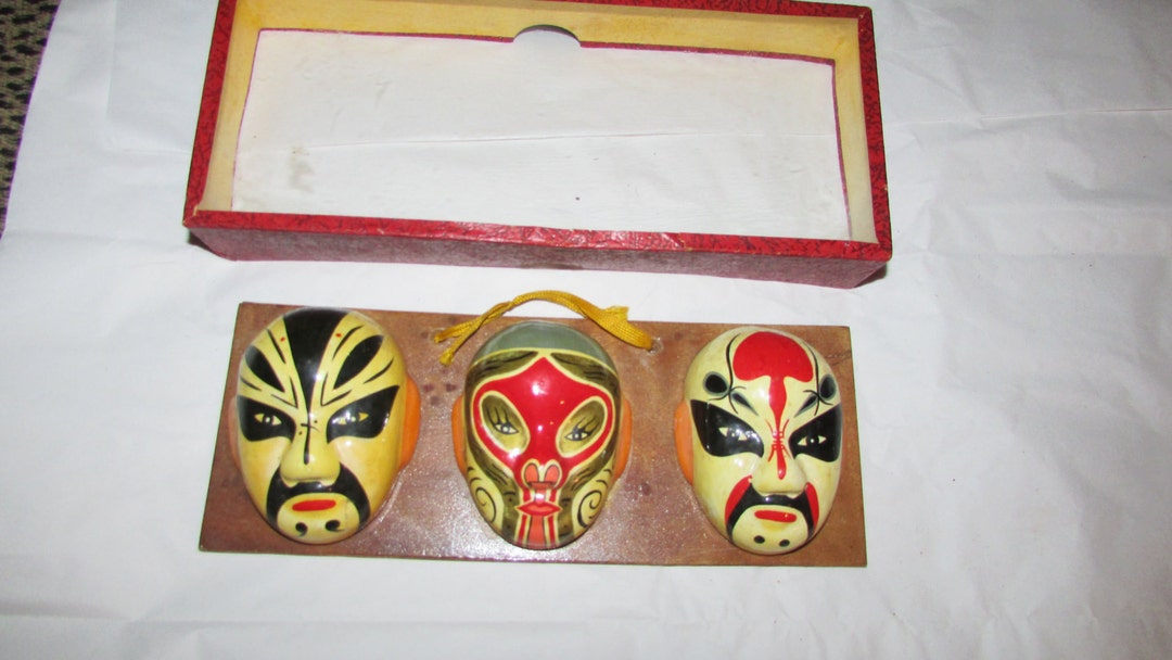 Vintage CHINESE Ceramic Hand Painted Masks on Wooden Plaque Glass ...