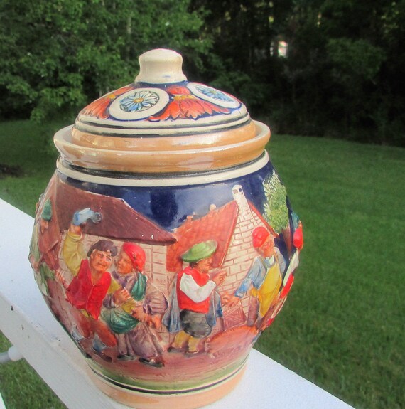 Antique German Tobacco JAR Beautiful Raised Figures Marked Germay