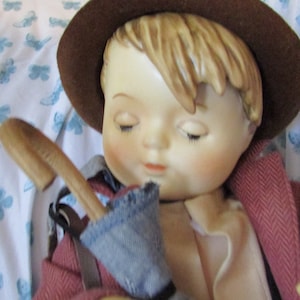 Vintage GOEBEL HUMMEL Porcelain Doll with Hat Umbrella Leather Bag Tag