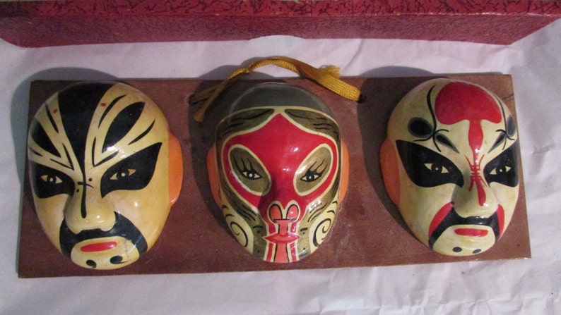 Vintage CHINESE Ceramic Hand Painted Masks on Wooden Plaque Glass ...