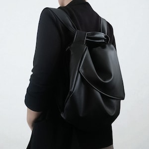 Black Faux Leather Convertible Shoulder Bag into Backpack, Elegant Handcrafted Women&#39;s Bag.