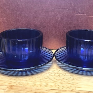 Akron Agate Ribbed Child Tea Cups and Saucers in Cobalt Blue