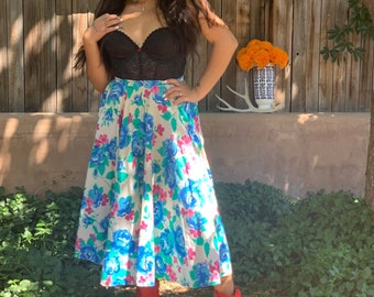 Vintage 1980s Floral Summer Midi Skirt 1950s Style Swing Skirt S/M