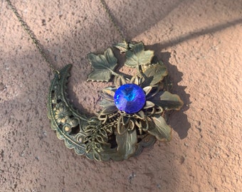Vintage Brass Moon and Flowers Pendant with Iridescent Rhinestone Pendant
