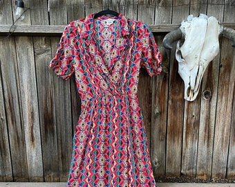 40s Style Vintage Day Dress Southwestern Print By Berkeley Size 8P S/M