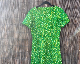 60s Vintage Retro Mod Green Floral Dress M/L