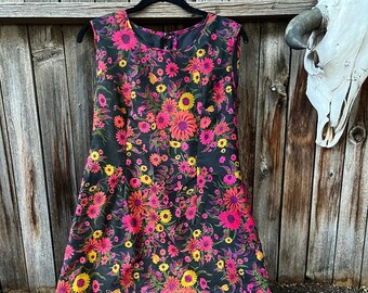 60s Vintage Floral Cocktail Dress Jewel Tones M/L