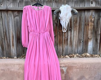 70s Vintage Victor Costa Pink Chiffon Maxi Dress M/L