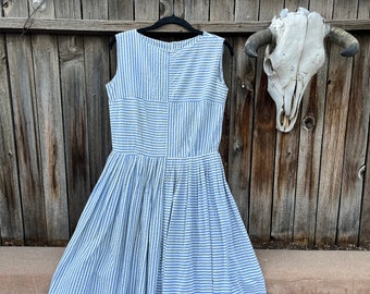 50s Vintage Seersucker Print Day Dress M/L