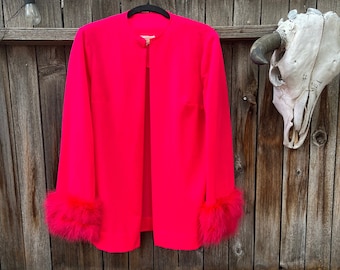 Bata de chaqueta de marabú rosa vintage de los años 60 de Fifth Avenue Robes OSFM