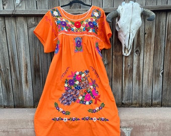 Vintage Mexican Embroidered Orange Dress with Peacock M/L/XL