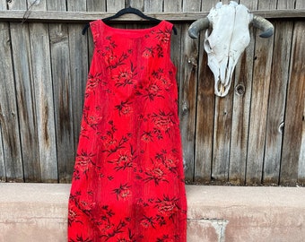 60s Vintage Red Hawaiian Print Summer Shift Dress Tiki Style M/L