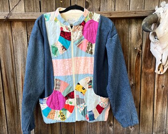 Vintage 80s Denim Quilted Jacket, USA Made Cottagecore Fashion M/L/XL