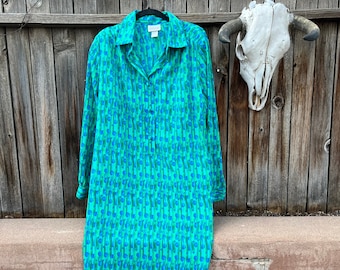 70s Vintage Green Polka Dot Long Sleeve Shift Dress Exclusively for Brownstone Studio Size 16 XL/XXL Plus Size