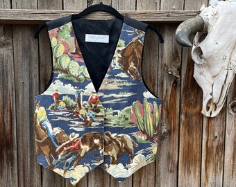 90s Vintage Cowboys and Horses Southwestern Novelty Print Vest by Carol Antone Collection M/L