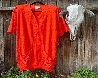 80s Vintage Oversized Orange Blouse with Mesh Pockets by Peter Popovitch M/L/XL