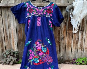 70s Vintage Mexican Embroidered Peacock Dress Navy Blue M/L