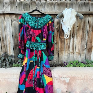 Vintage 1980s Jeanne Marc Designer Dress Long Sleeve Novelty Print 80s Chic Party Dress Size 8 M/L