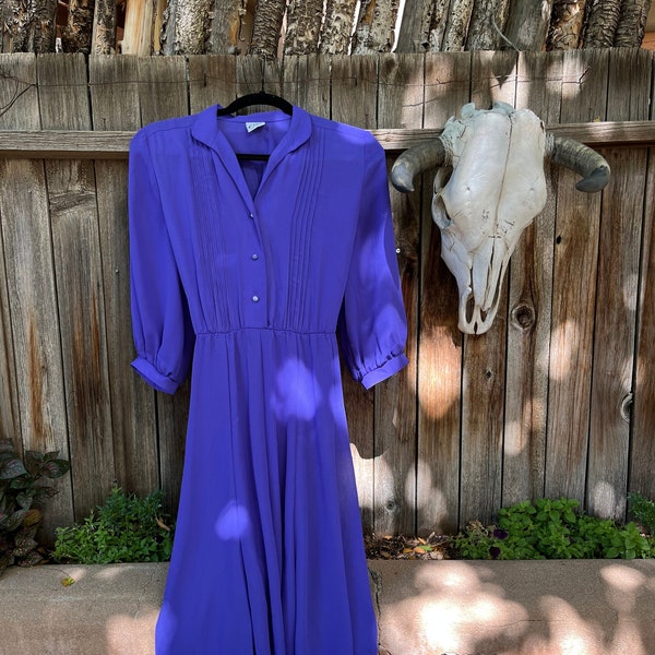 Petites by Willi Vintage 1980s Purple Secretary Dress Collared Long Sleeve Day Dress L/XL