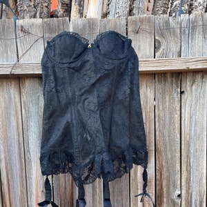 Vintage French Black Lace Bustier Corset by Antinea w/ Garters 34B