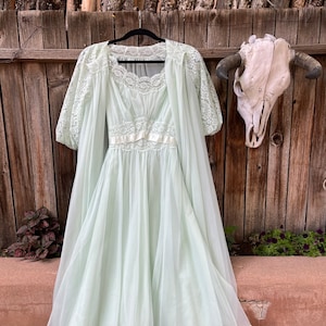 Vintage 1960s Mint Green Nightgown and Robe Set Ethereal Mid-Century Modern Sleepwear Peignoir Set Lingerie S/M